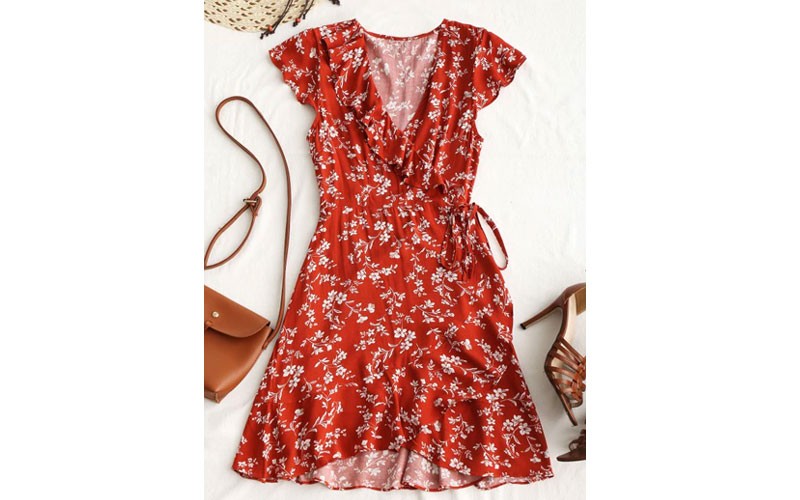 Zaful Tiny Floral Ruffle Mini Wrap Dress