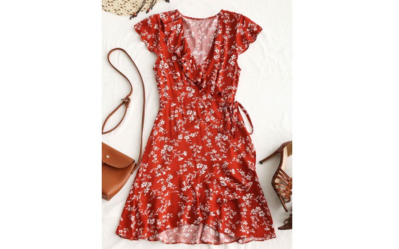 Zaful Tiny Floral Ruffle Mini Wrap Dress