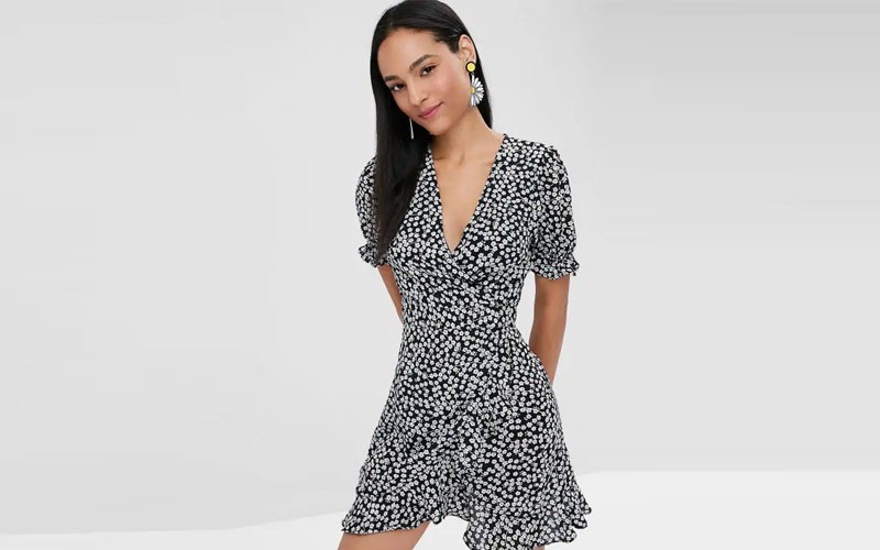 Zaful Floral Print Mini Wrap Tea Dress