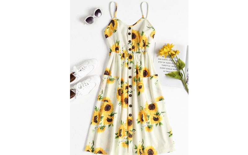 Zaful Button Sunflower Print Midi Dress