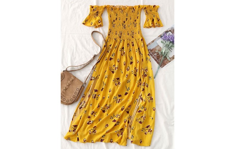 Zaful  Floral Slit Smocked Off Shoulder Midi Dress