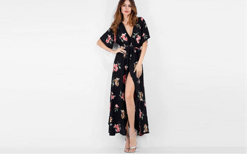 Zaful Surplice Floral Boho Belted Slit Dress