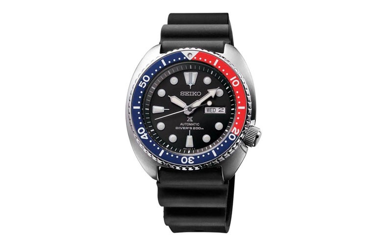 Seiko Prospex Mens Turtle Automatic - Blue / Red Bezel - Rubber Strap - Day/Date