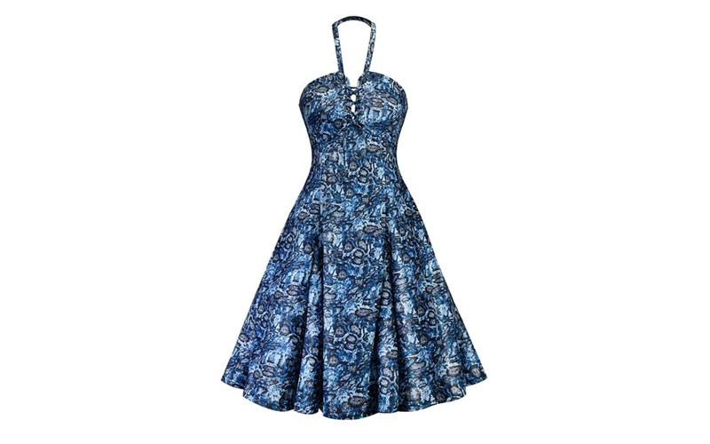 Summer Vintage Blue Plus Size Elegant Sexy Party Women Dresses Retro Strapless S