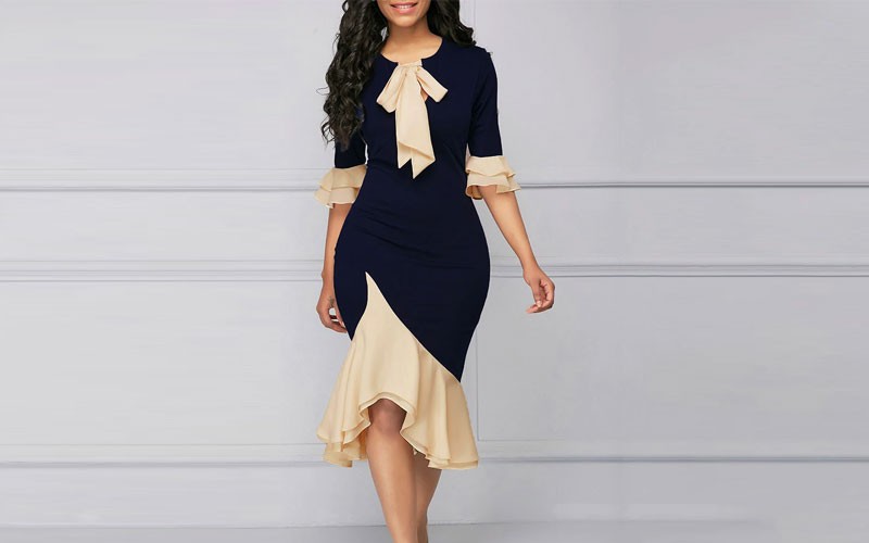 Sisjuly Vintage Elegant Office Lady Women Dresses Bodycon Flare Sleeve Bow Colla