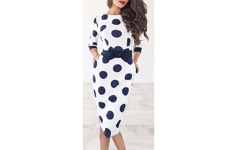 Sisjuly Bodycon Women Polka Dot Vintage Dress Sheath Long Sleeve Bowknot Retro