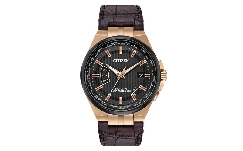 Citizen Eco-Drive Mens World Perpetual A-T - Rose Gold-Tone - Atomic - Leather