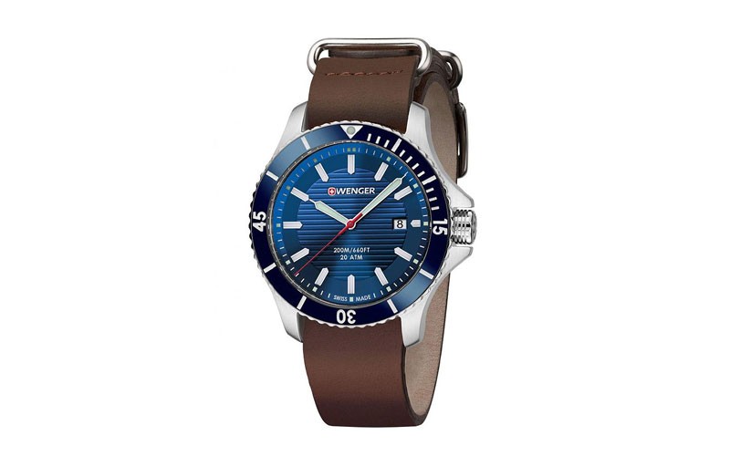 Wenger Sea Force Mens Dive Watch - Blue Dial & Brown Leather Strap - 200m - Date