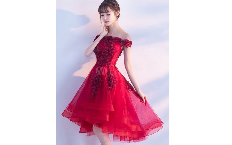 Tulle Homecoming Dresses 2019 Short Prom Dresses Red Off The Shoulder Lace Appli
