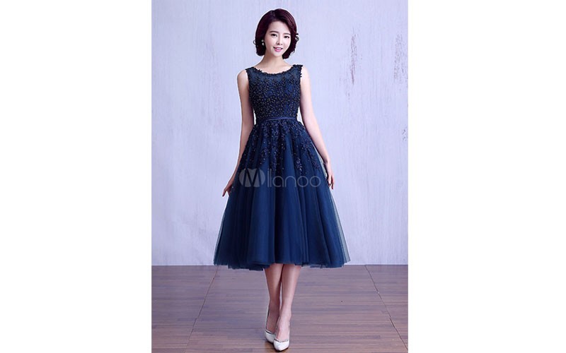 Blue Prom Dress 2019 Short Lace Applique Graduation Dress Tulle Dark Navy Sash