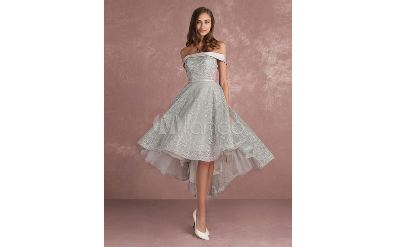 equined Prom Dress Grey Asymmetrical Cocktail Dress Off The Shoulder Sleeveless 