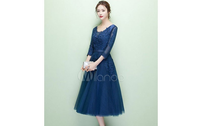 Short Prom Dress V Neck Lace Applique Tulle Cocktail Dress 3/4 Sleeve A Line Tea