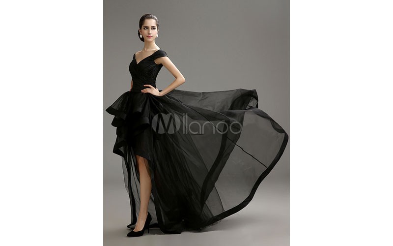 Black Prom Dresses 2019 Long Ball Gown Off The Shoulder Prom Dress High Low Ruff