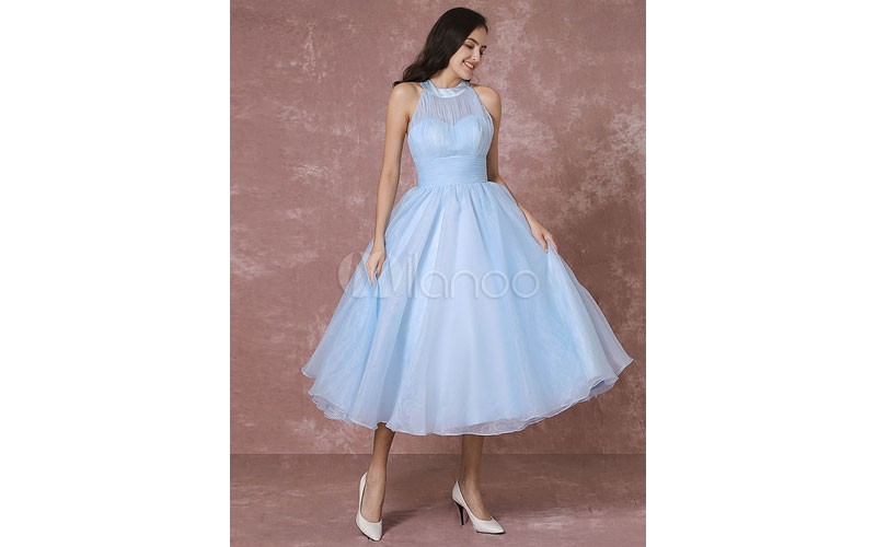 Blue Wedding Dress Short Tulle Vintage Bridal Dress Halter Backless Ball Gown