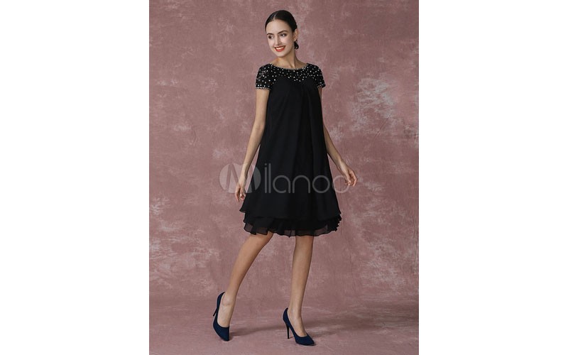 Black Mother Of The Bride Dress Chiffon Cocktail Dress Beading A Line Knee Lengt