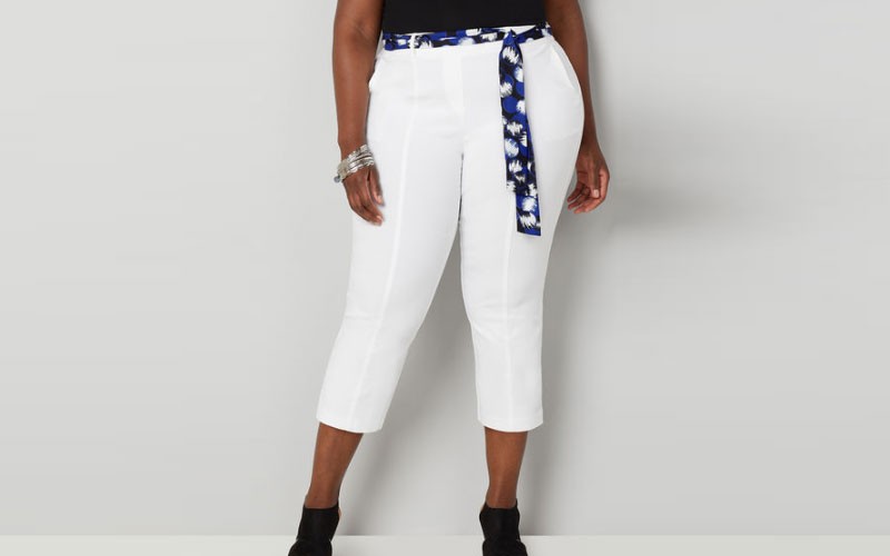 White Bengaline Capri With Modern Dots Sash Belt For Womens