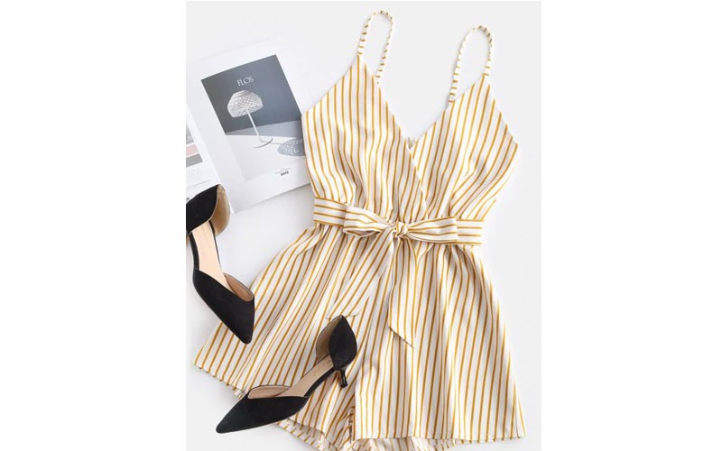 Zaful Striped Surplice Cami Romper Multi S