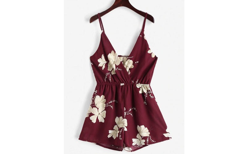 Zaful Cami Surplice Floral Romper Red Wine S