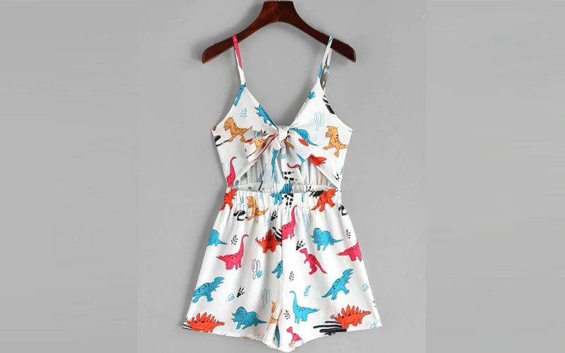 Zaful Dinosaur Print Tie Front Cami Romper White L