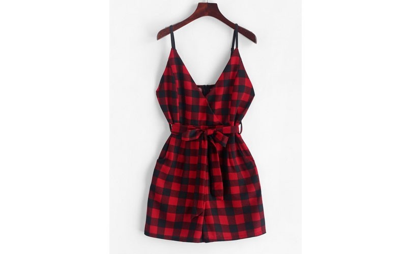 Zaful Belted Plaid Faux Surplice Cami Romper Red Wine L