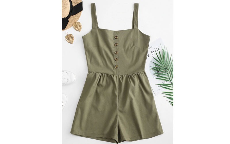 Zaful Wide Straps Button Romper Army Green