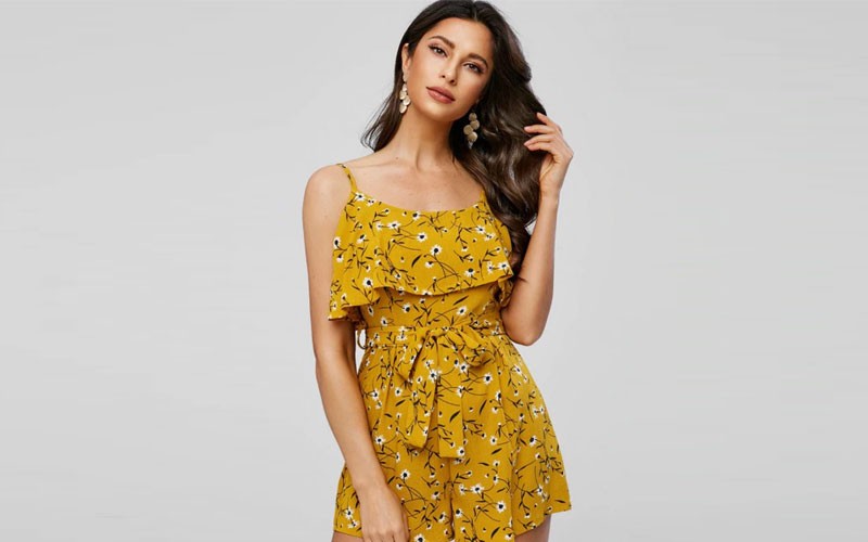 Zaful Ruffle Daisy Print Romper Bee Yellow M