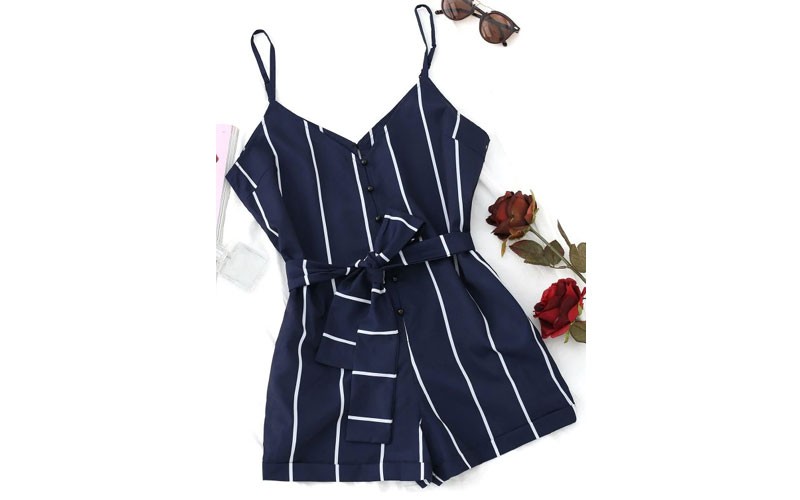 Zaful Striped Belted Cami Romper Purplish Blue S