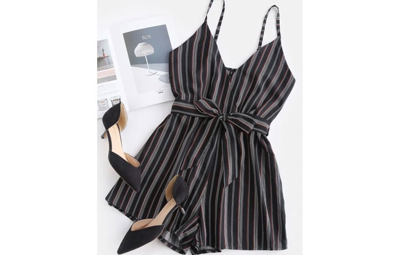 Zaful Cami Striped Surplice Romper Multi S