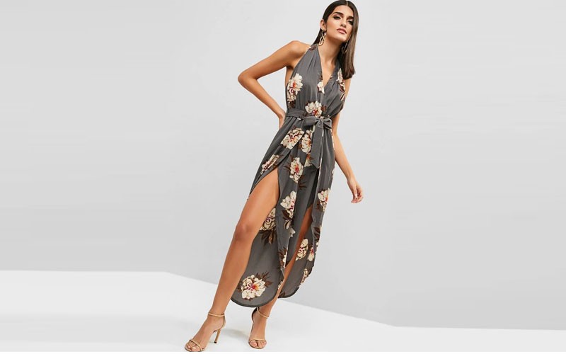 Zaful Floral Print Backless Belted Overlap Jumpsuit Light Slate Gray 