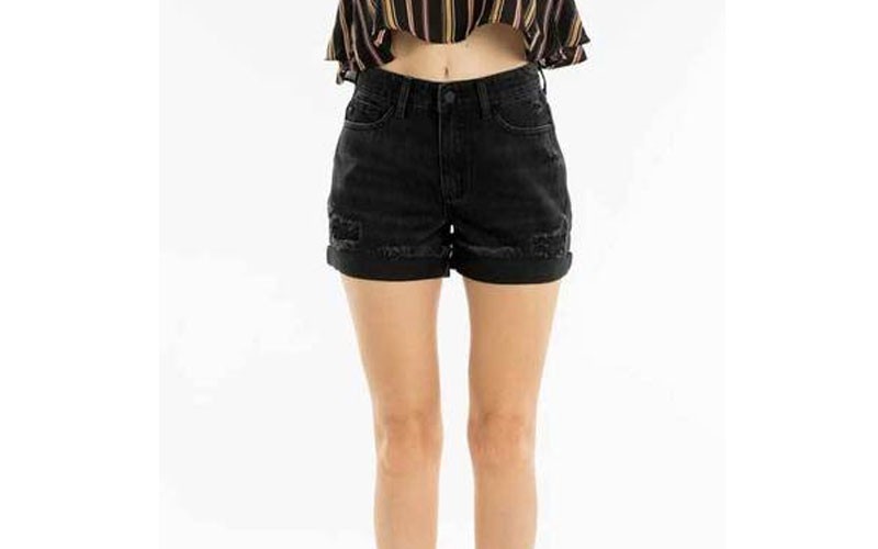KanCan Jeans High Rise Cuff Destructed Denim Shorts for Women in Black