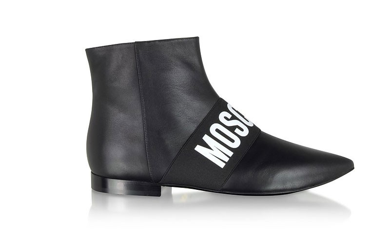 Moschino Black Signature Leather Flat Ankle Boots