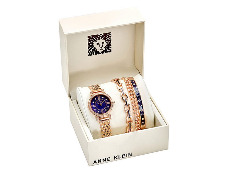 Anne Klein Navy Mother of Pearl Crystal Dial Ladies Watch Set