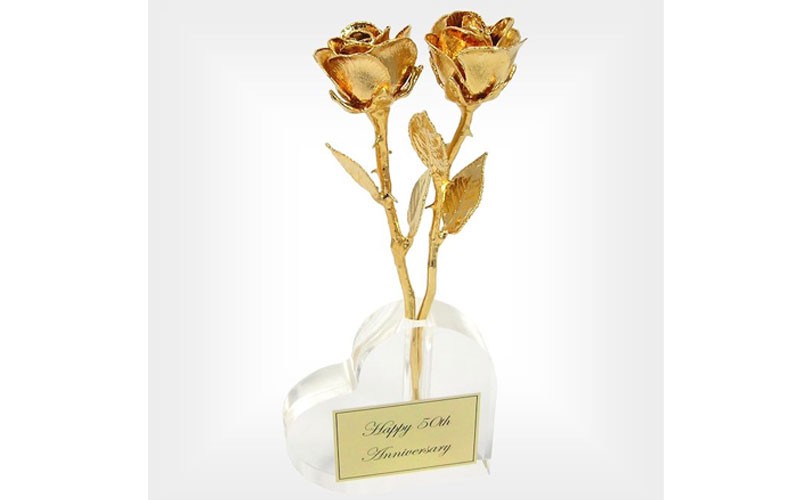 Two 8-Inch 24k Roses & Heart Vase: 50th Anniversary Gift